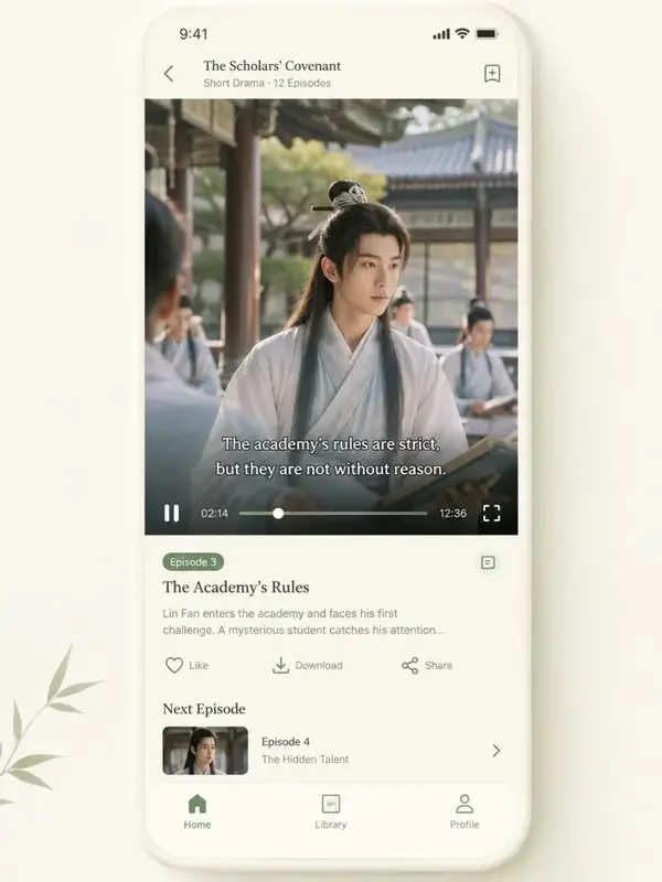 黄豆短剧 App 播放界面 黄豆短剧 App 竖屏播放界面预览,暖橘色古装短剧画面